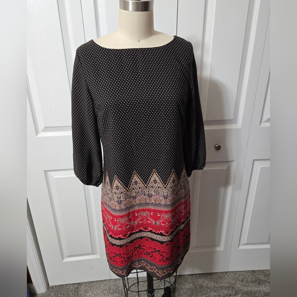 Black & Red Multicolored Design Dress, 3/4 Sleeves, Size Small, Like New Cond